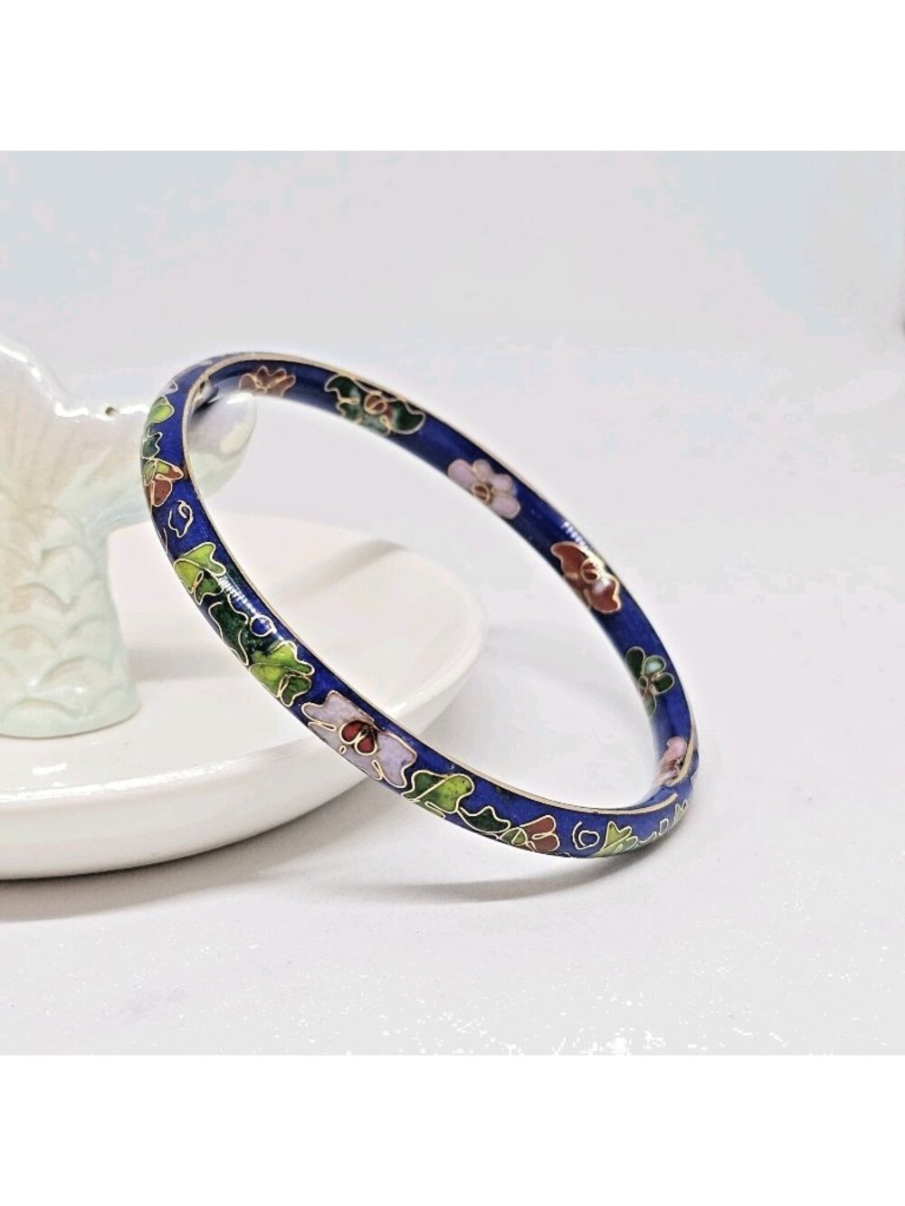 Vintage Chinese Cloisonne Blue Pink Green Gold Tone Tone Enamel Bangle Bracelet